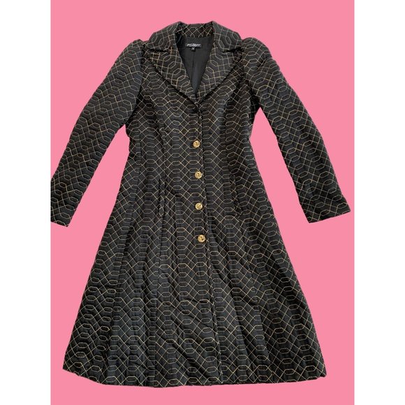 VTG Betsey Johnson New York Silk Fit & Flare Black Gold Coat Size 10 Dress 6604 - Picture 1 of 14